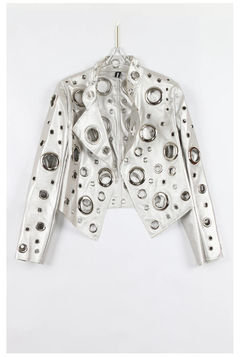 Nerazzurri Spring Autumn Short Hollow Out Pu Leather Jacket Women Rivet Cool Stylish Luxury Designer Clothes Runway Fashion 2024