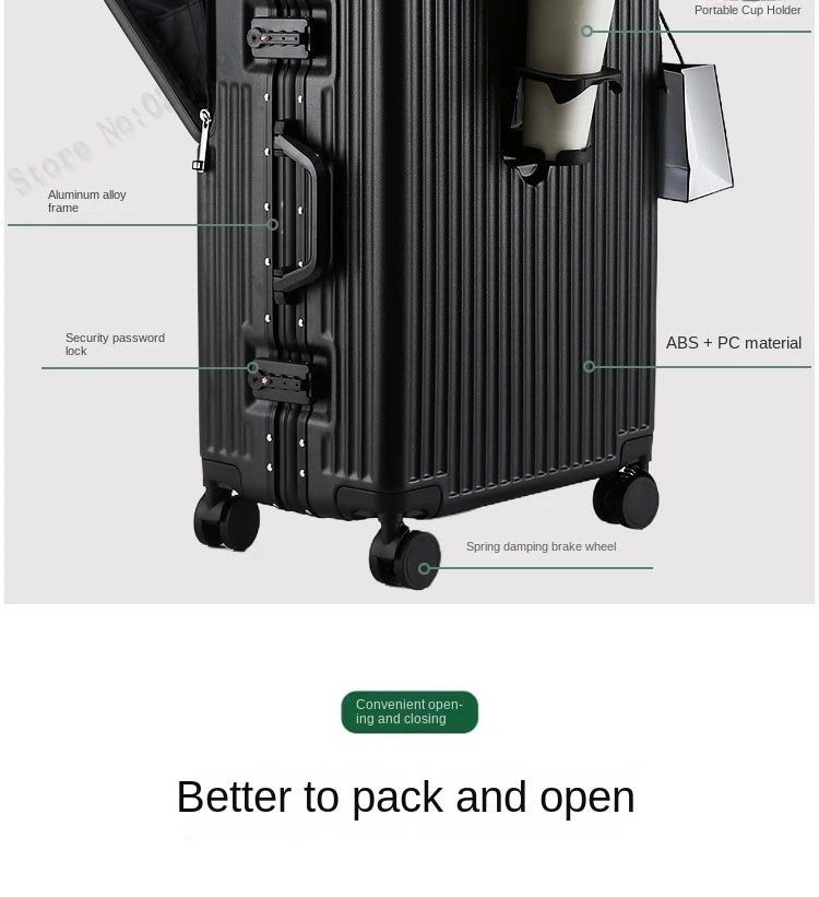 New 20'' Boarding Box Front Opening Suitcase Aluminium Frame 24/27 inch Rolling Luggage with Cup Holder Mobile Phone Holder