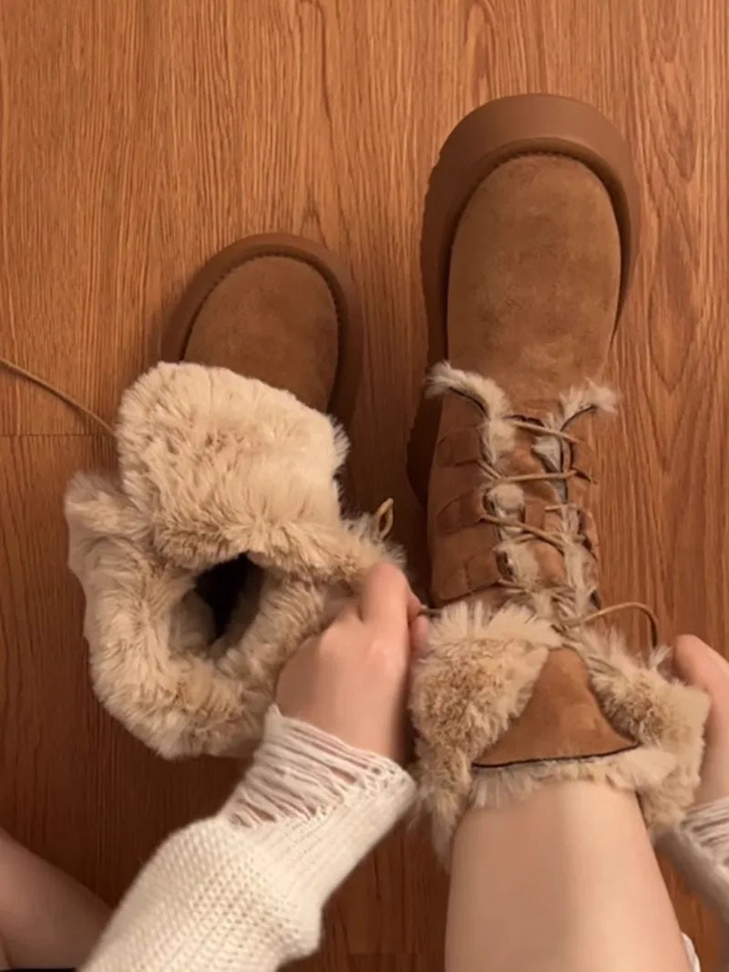 Retro fur integrated warm snow boots for women in winter 2025, new thick soled and plush thick anti slip cotton shoes