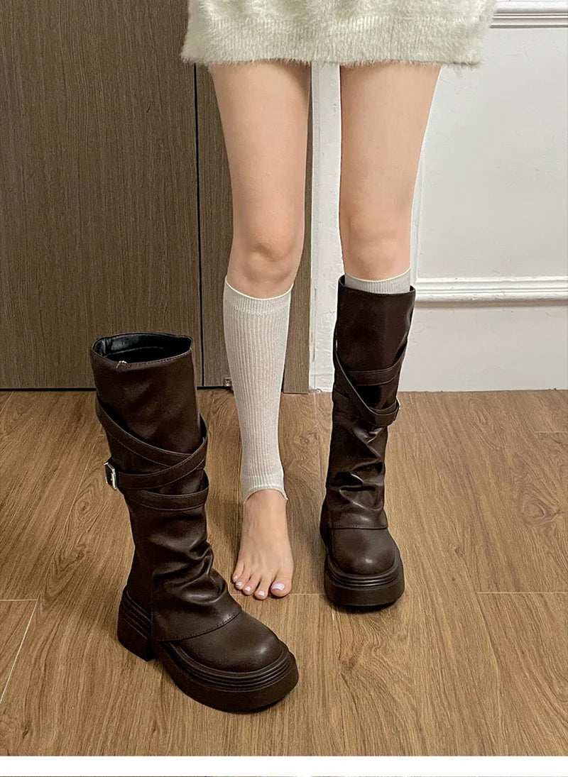 Vintage Thick Heel Women Knight Long Boots Fashion Slip On Knee High Booties Autumn Winter Shoes Zapatos De Mujer