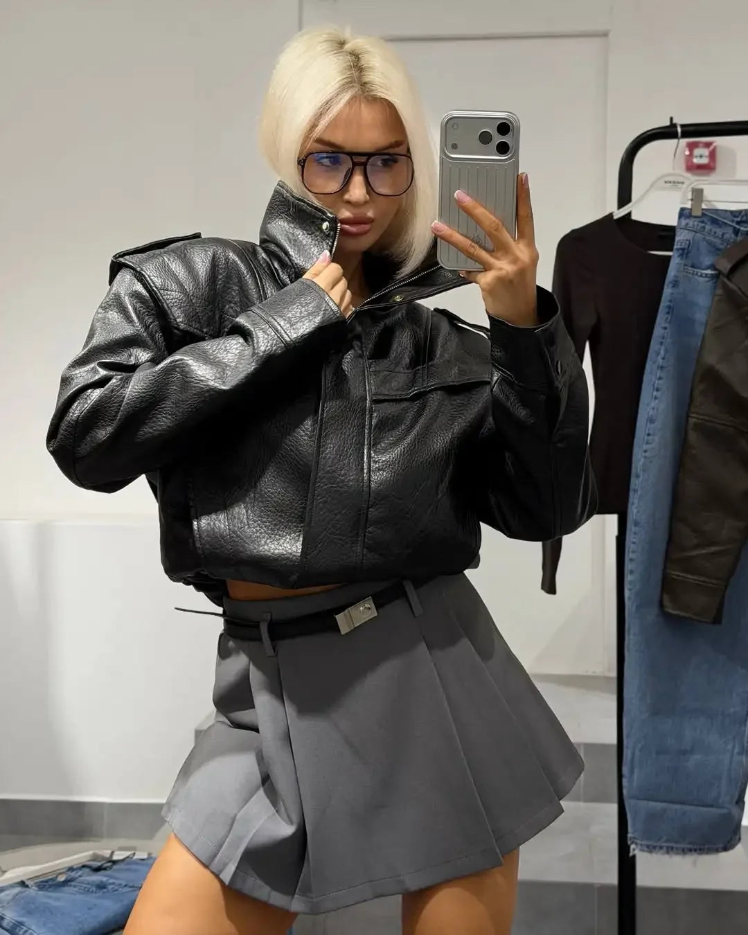 Black Faux Leather Stand Collar Zip Epaulet Cropped Jacket Long Sleeve Snap Button Pocket Coat 2026 Autumn Street Chic Coats New