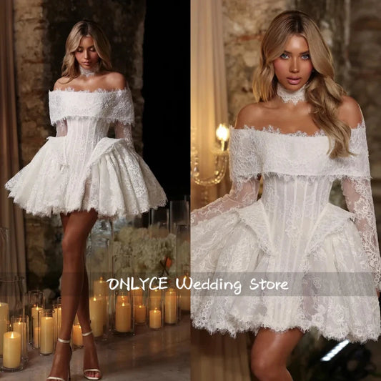 Lace Short Wedding Dresses Long Sleeves Pleated Vestido de Novia Off the Shoulder Corset Bridal Gowns Vestidos Customized