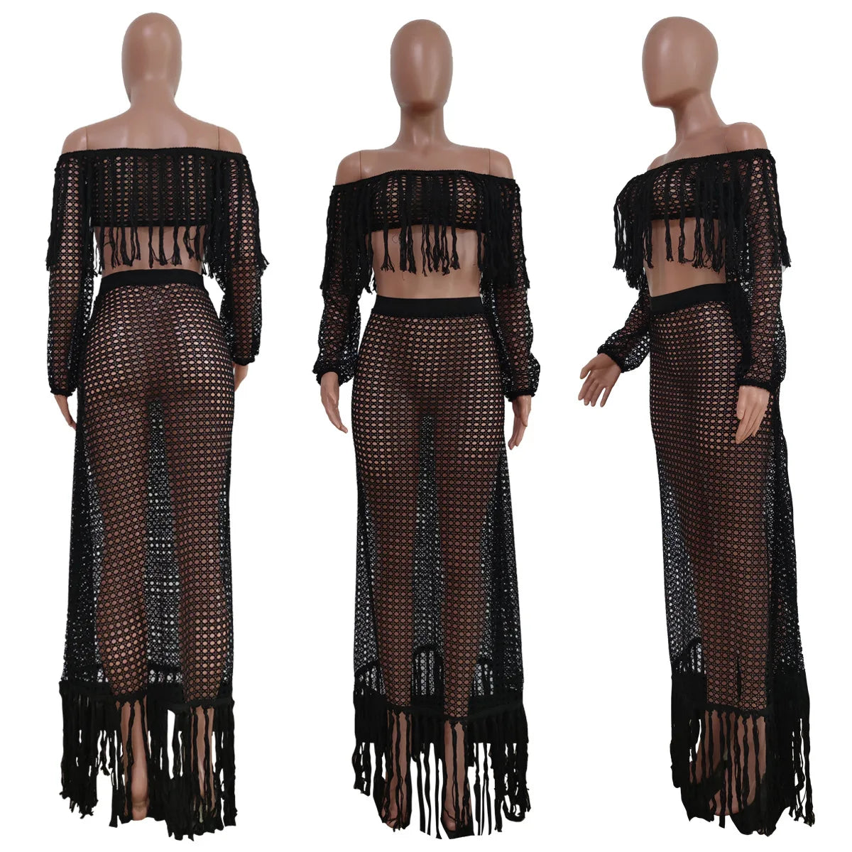 Skirt 2 Piece Set Women Beach Long Skirts Suit Top Off Shoulder Tassels Sexy Hollow Out Ensemble 2025 Summer Female Outfits