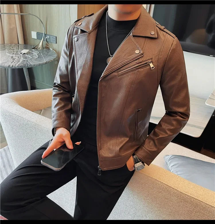 Men High Quality Faux Leather Jacket Vintage Oblique Zipper  Slim Fit Motorcycle Outwear Male Autumn Winter PU Leather Coats