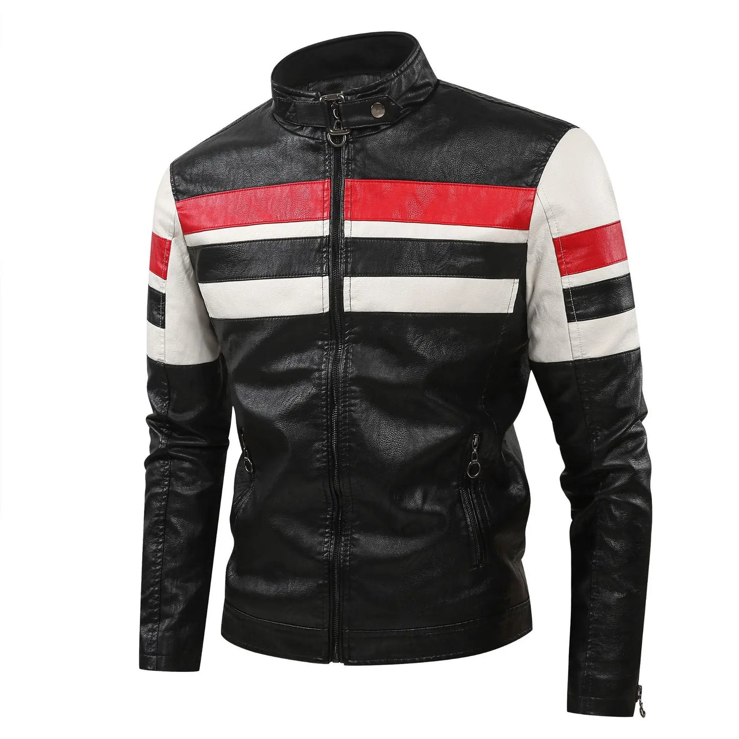 White and Red Patchwork Men's PU Jacket, Stylish Vintage Biker Faux Leather Coat, Available in Black or Brown.