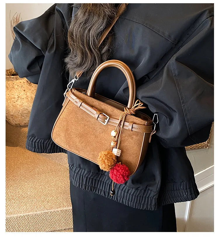 Retro Faux Suede Women's Handbag Fashionable Small Square Bag 2025 Winter Simple Short Handle Single Shoulder Crossbody Bag