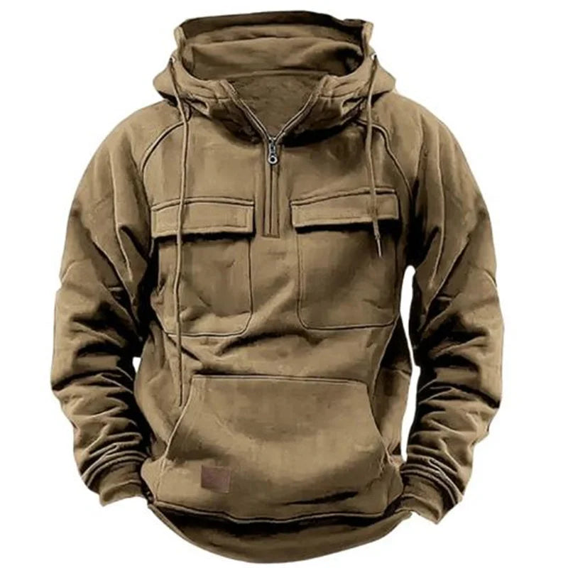 Autumn Winter Hoodies Men half-zip Patchwork Warm Fleece Sweatshirts Multi Pockets Male Fashion casual pullover Outdoor Hoodie