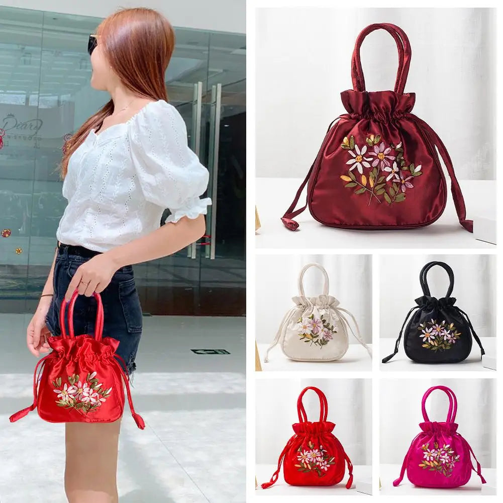 Women Bucket Bag Top Handle Ladies Handbag Phone Bag Summer Small Purse National Style Embroidered Flower Pattern Drawstring Bag