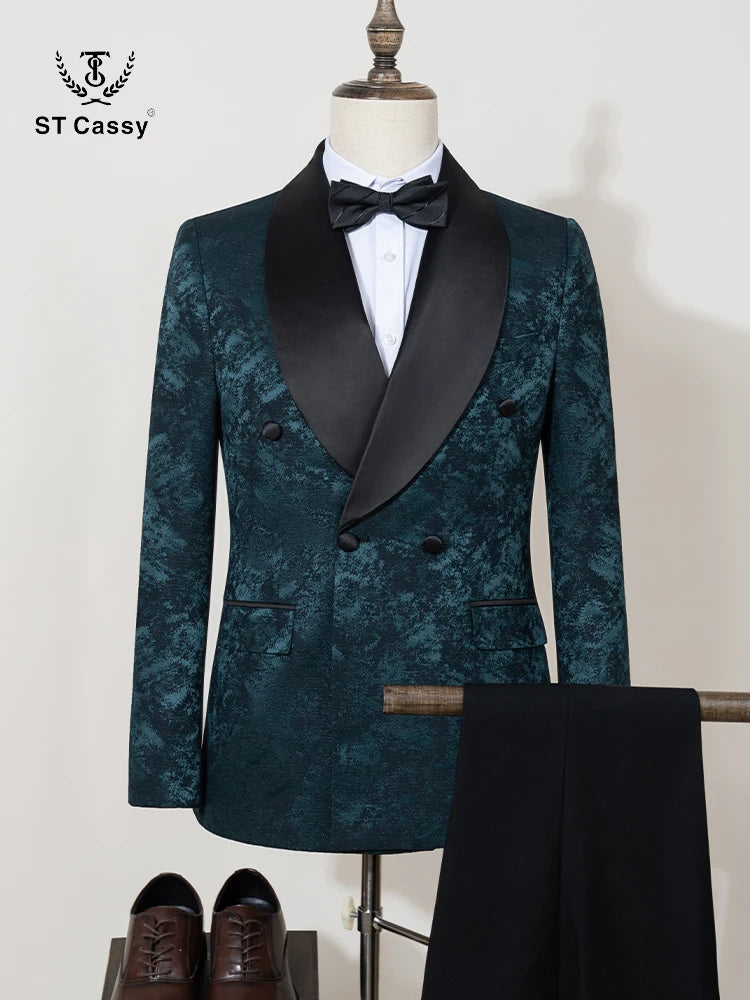 Black Luxury 2-Piece Set Men Suit Party Shawl Collar Double Breasted Business Casual Suit Groom's Wedding Dress Jacquard Pattern