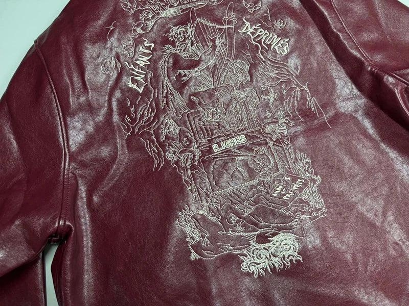 2026ss Embroidered Printed Leather Jacket High-quality Burgundy Loose Casual High Street Men's Women's Jackets