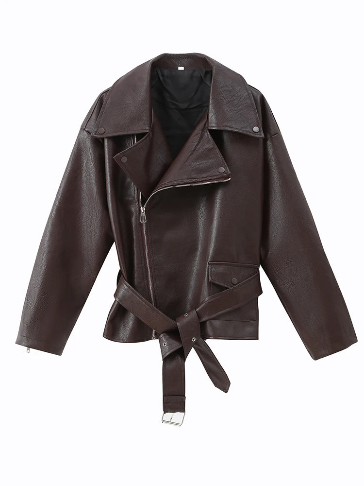 Women Chic Brown Leather Jacket With Belt Chic Full Sleeve Laple Zipper Short Coats 2026 Autumn New Ladies Street Biker Jackets