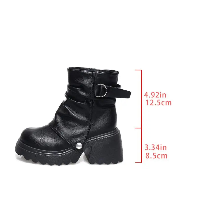 Gothic Chunky Platform Black Ankle Boots Women 2025 Autumn Punk Metal Belt Buckle Thick Bottom Short Boots Woman's Y2K Shoes 43