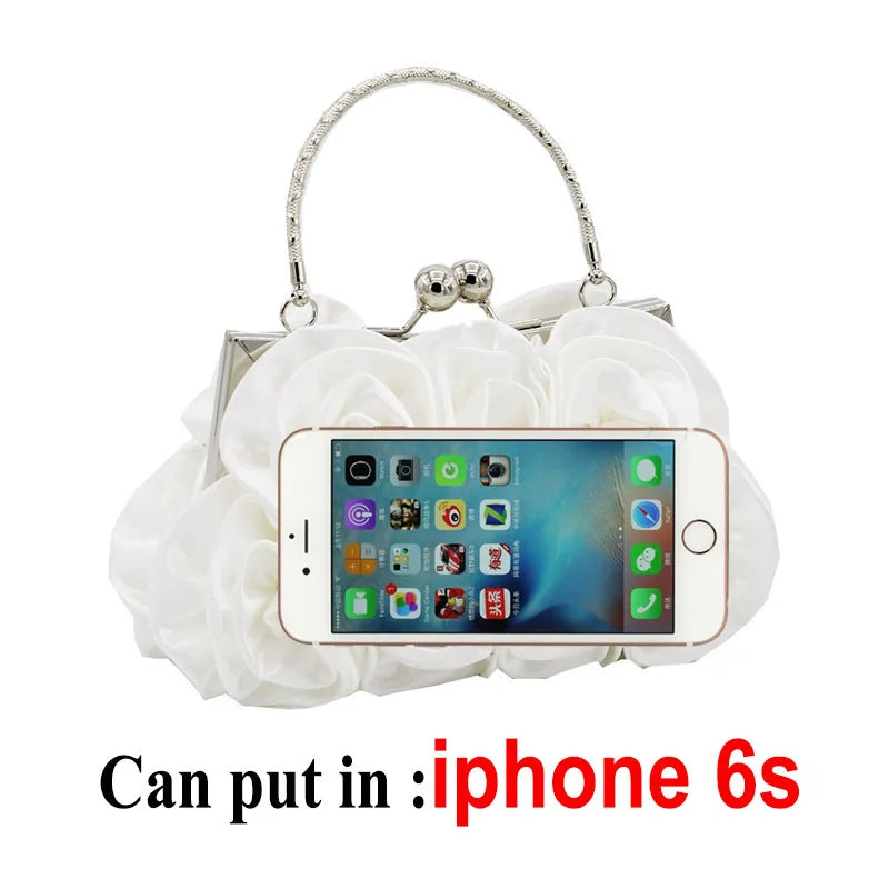 Satin Flower Clutch Bags For Women Banquet Party Evening Bags Metal Handbags Retro Blue Silver Black Chain Shoulder Bag female