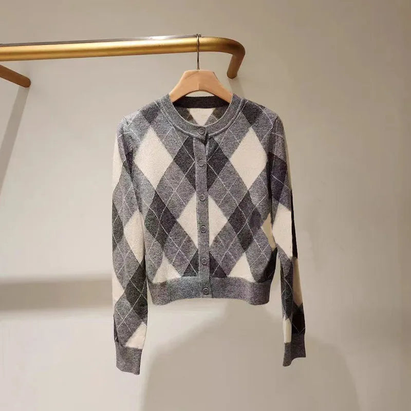 2025 Autumn Women Contrast Color Argyle Sweater Coat O-Neck Single Breasted Long Sleeve Lady Knit Cardigan Top