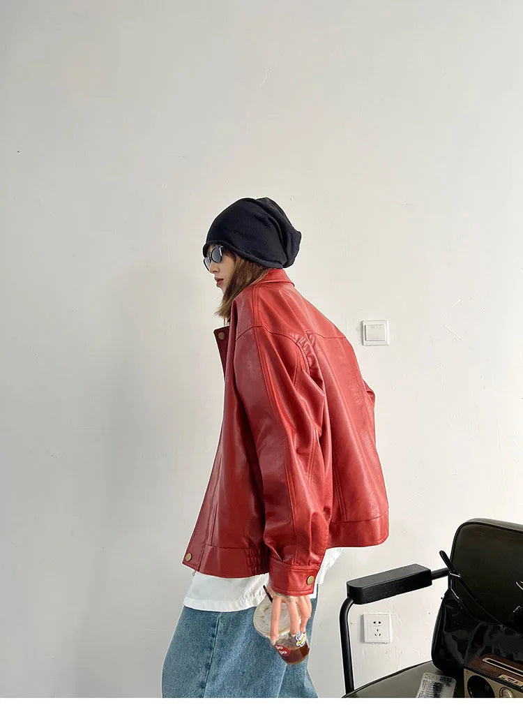 Punk Vintage Red Leather Jacket Women Streetwear Moto Biker Zipper Leather Jacket Female Winter High Street Chic Leather Coat