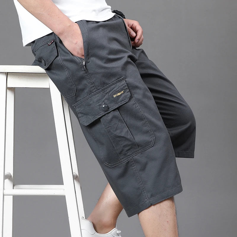 Zipper Pocket Workwear Shorts Mens Knee Cargo Pants 2026 Summer Cotton Shorts Men Climbing Jogger Elastic Waist Sports Work Wear
