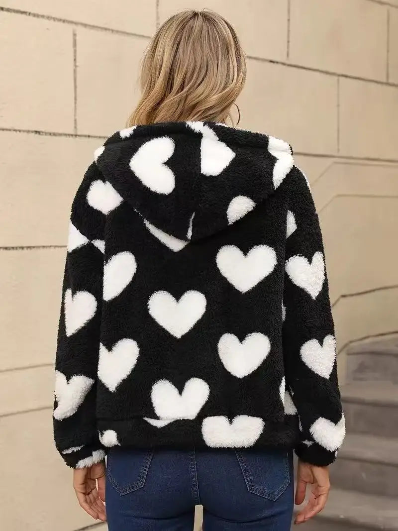 VigoCasey 2026 Women Autumn Print Hooded Jacket Zipper Long Sleeve Thick Plush Warm Coat Winter Lady Casual Pocket Short Coat