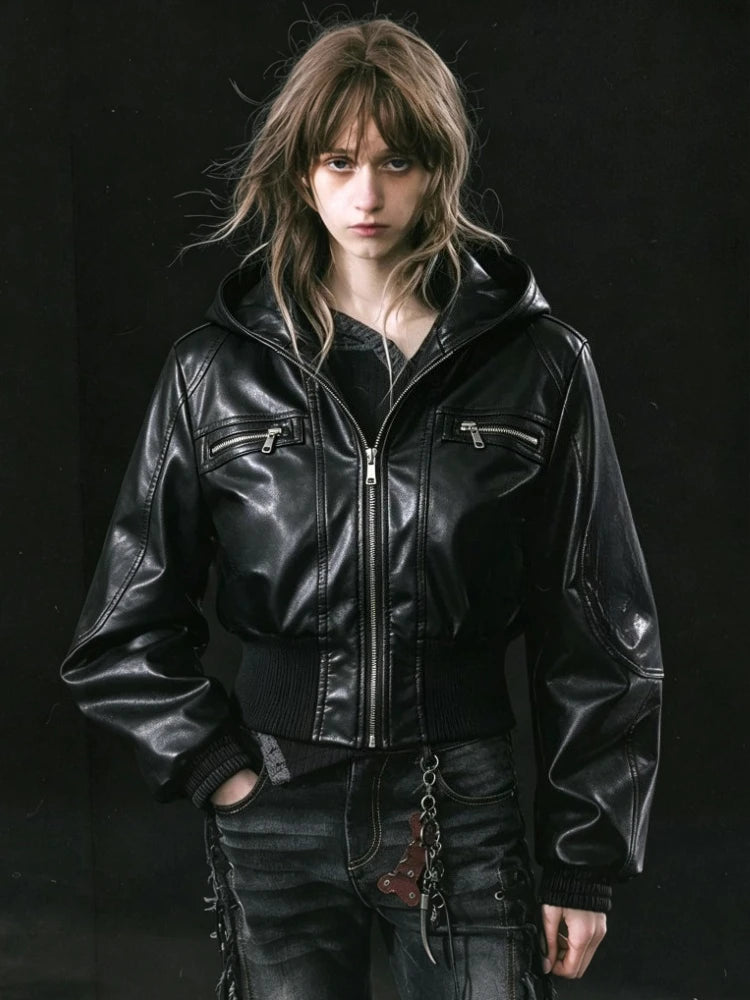 2026 Autumn Gothic Punk Leather Jackets for Women American Vintage Subculture Long Sleeve Slim Black Club Party Outerwear Coat
