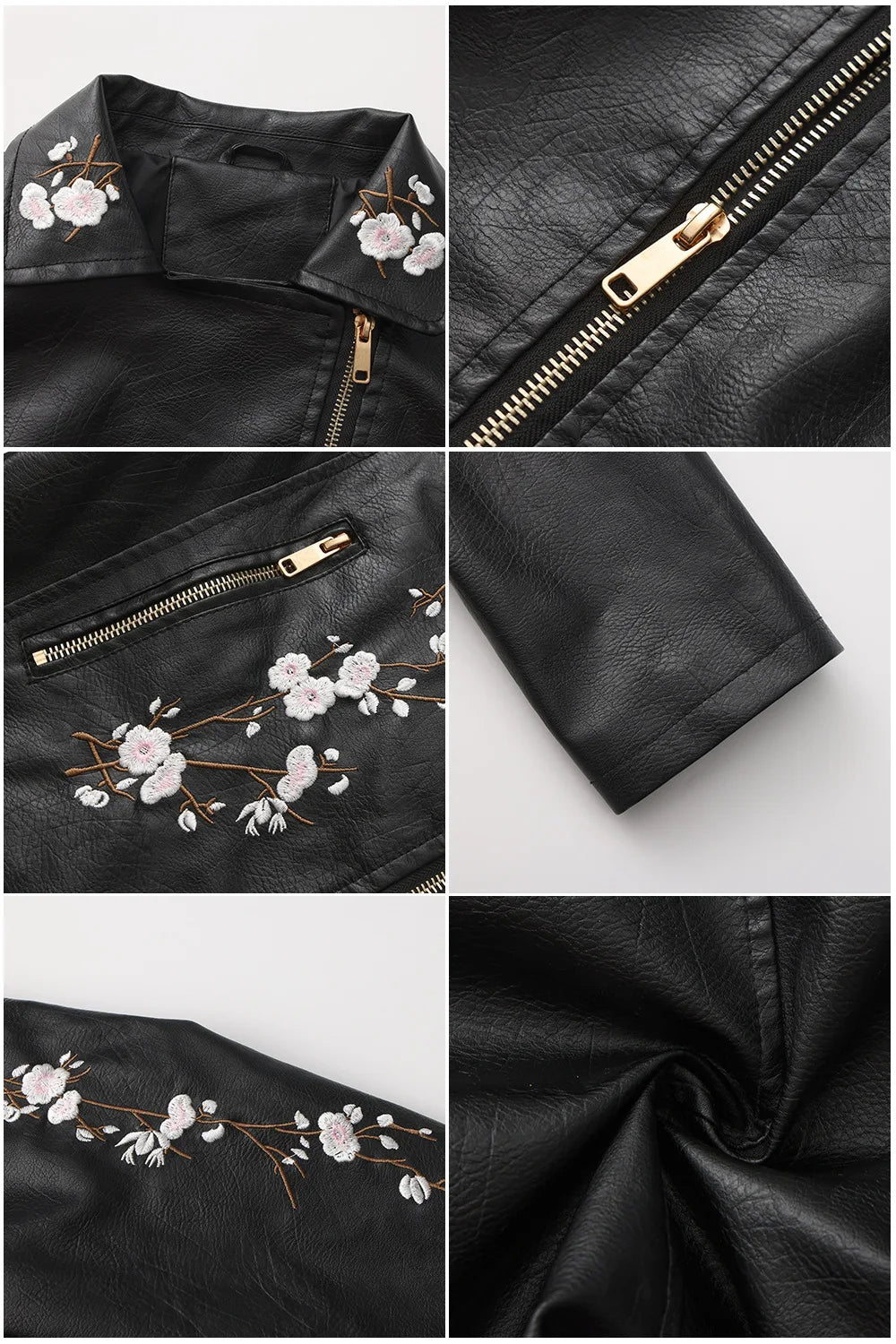 Women's Black Embroidered PU Jacket, Street-Style Brown Faux Leather Coat, Fashionable Beige Long Sleeves Top. 2026 New