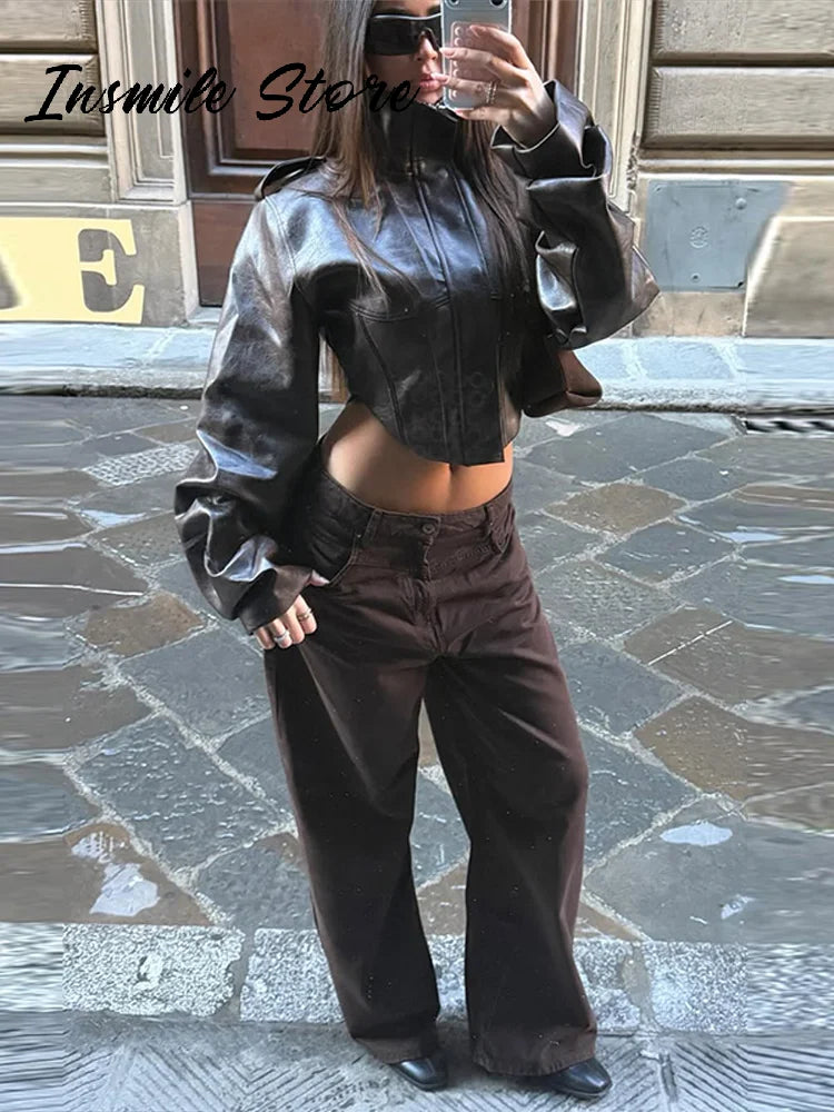 Street Women's Cropped Leather Jacket Slim Stand Collar Long Sleeve Zipper Irregular Hem Coat 2026 Autumn Lady Chic Otwear