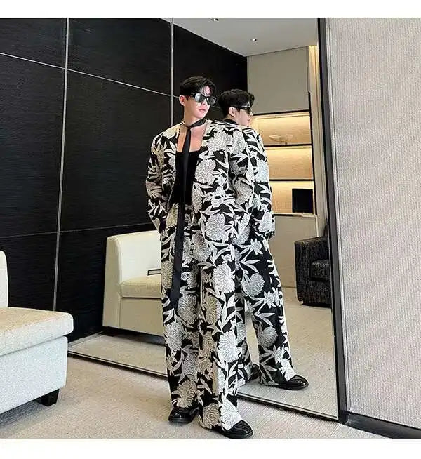 IEFB Niche Design Men's Two-piece Collarless Embroidery Blazer Loose Straight Suit Pants Contrast Color Male Sets New 9C7485
