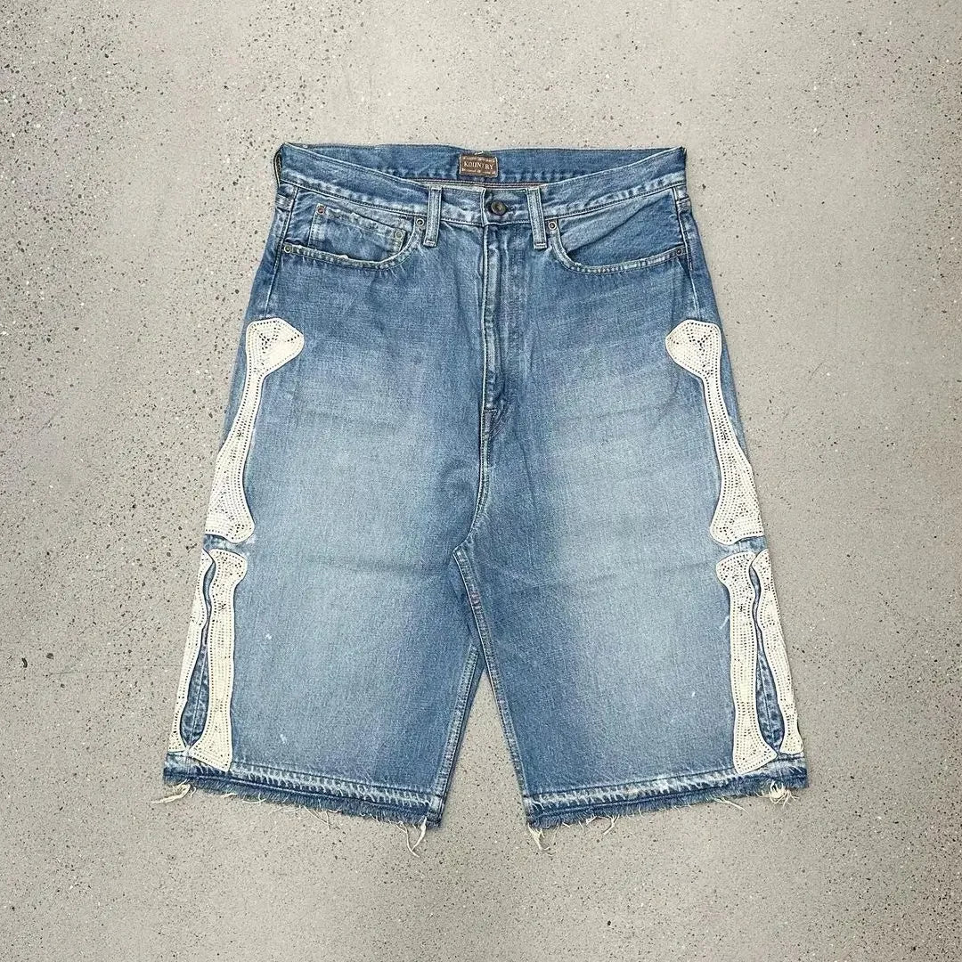 American Fashion Printed Denim Shorts Harajuku Hip-Hop High Street Denim Shorts Fashion Street Y2K Denim Shorts Men's Clothing