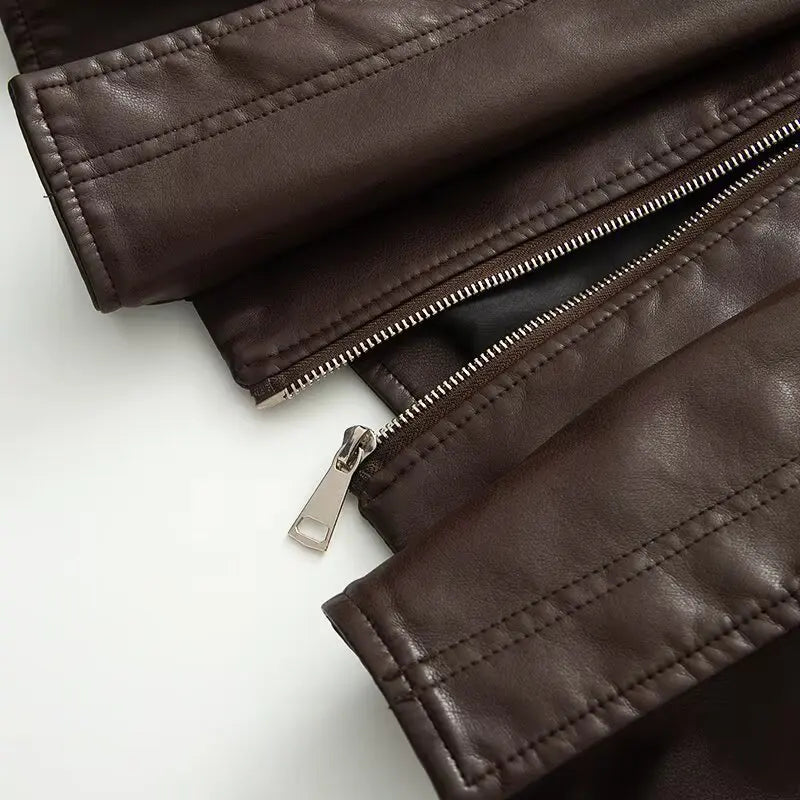 New Fall Winter High Street Warm Brown Zipper Pu Leather Jacket Women Casual Lapel Elastic Waist Cinching Coat Outwear Clothes