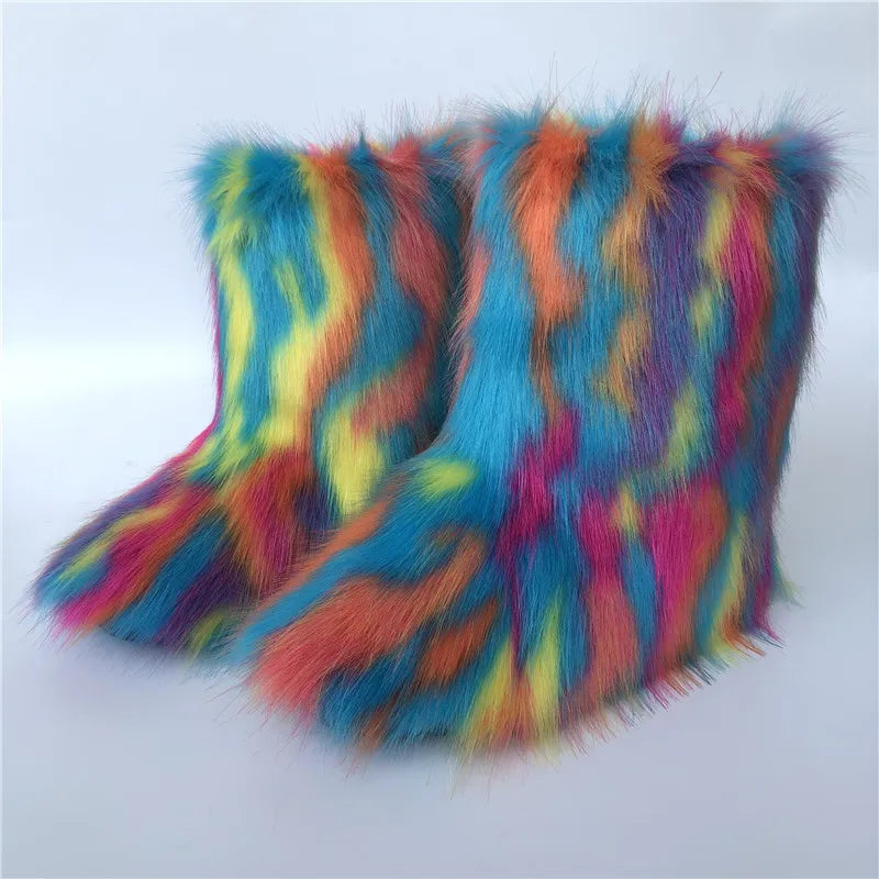 Cute High Quality Faux Raccoon Fox Fur Shibuya Gal Thickened Plus Size Mid-Calf Faux Fur Warm Winter Snow Boots for Women