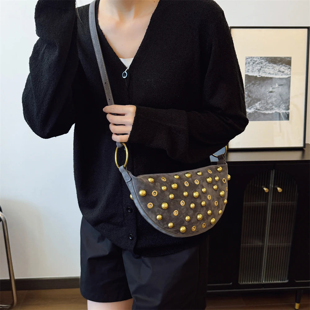 MOODS Branded Half-moon Shoulder Bags For Women Faux Suede Rivets Decor Crossbody Hobo Bags 2025 Latest Designer Handbags Luxury
