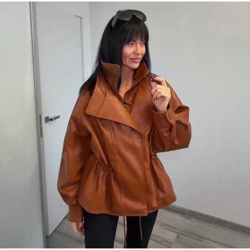 Fashion Solid Faux Leather Women's Jacket  Lapel Waist Cinching Loose Long Sleeves Coat Chic 2026 Spring Autumn New Street Wear