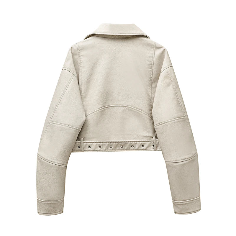 2025New Coal graysty le Women's washed leather jacket with belt, short coat with downgraded zipper and vintage lapel jacket