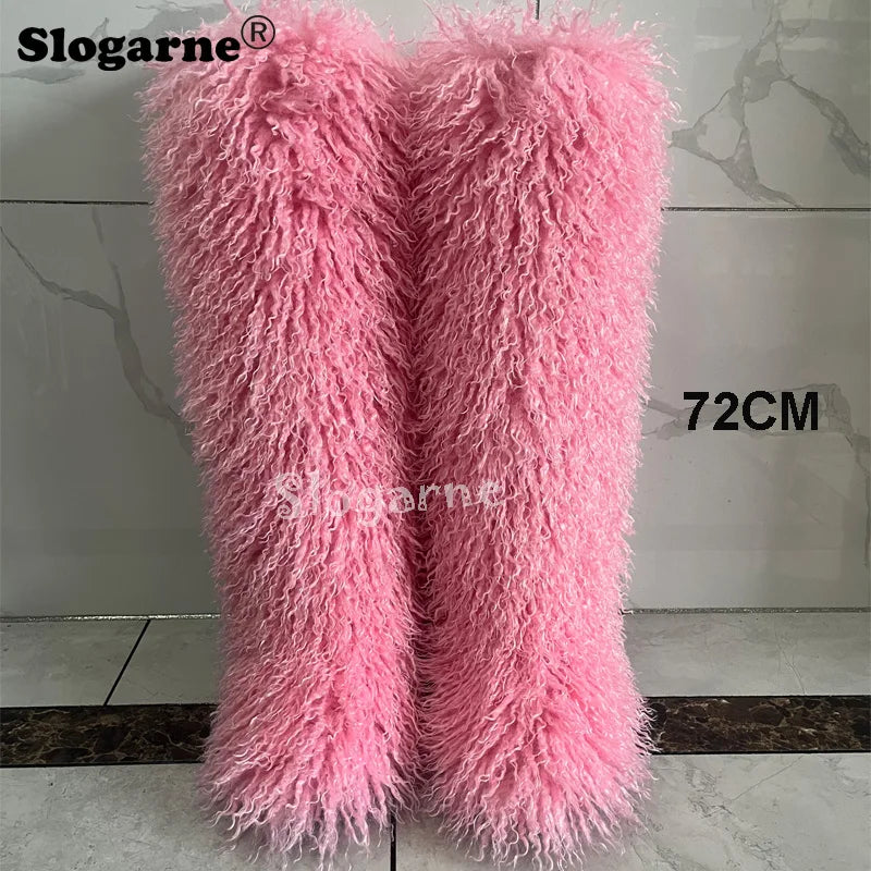 New Over The Knee Fur Boots Women Warm 72CM Long Faux Mongolian Fur Snow Boots Winter Luxury Fluffy Shoes Plush Platform Shoes