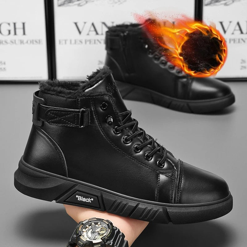 Vintage Men's Short Boots Autumn New Trendy Comfortable Height Increase Cotton Shoes Non Slip Lace Up Side Zipper Leather Boots