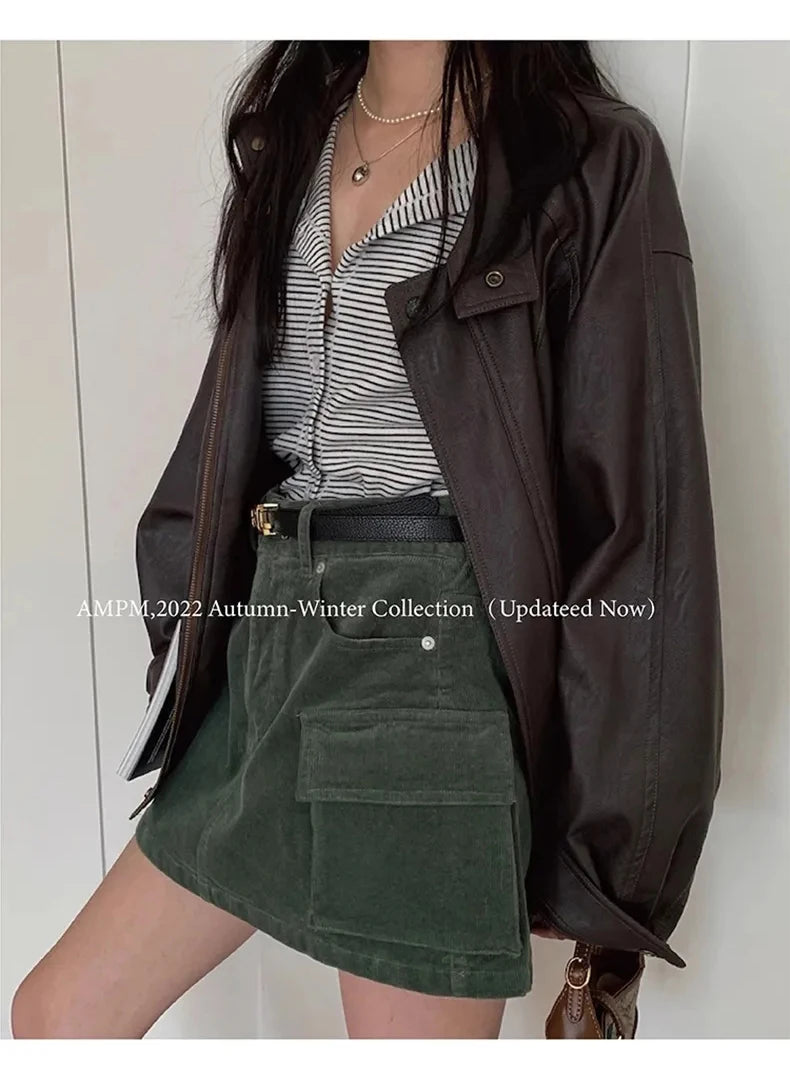 Lautaro Autumn Cool Brown Oversized Leather Jacket Women Drop Shoulder Long Sleeve Zippper High Quality American Retro Clothing