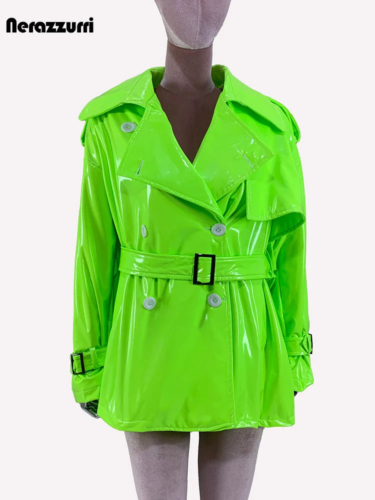 Nerazzurri Spring Autumn Oversized Thin Shiny Reflective Patent Leather Trench Coat for Women Double Breasted European Fashion