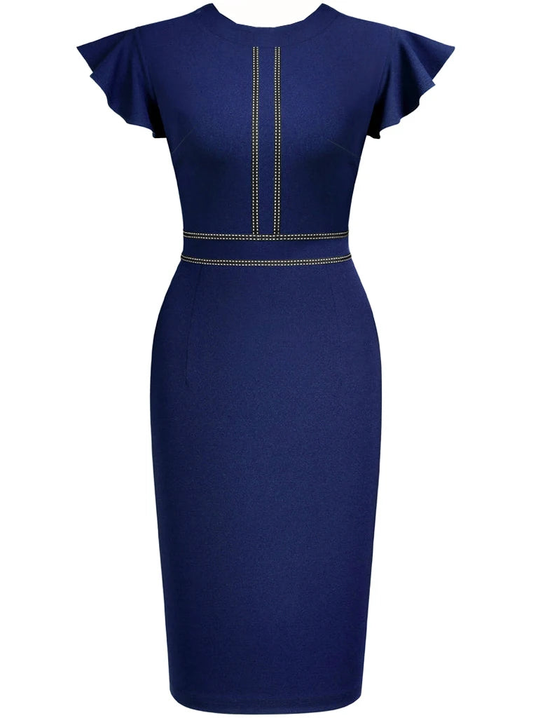 Women Crew Neck Ruffle Vintage Slim Work Office Cocktail Party Knee Length Sheath Bodycon Pencil Slim Dress