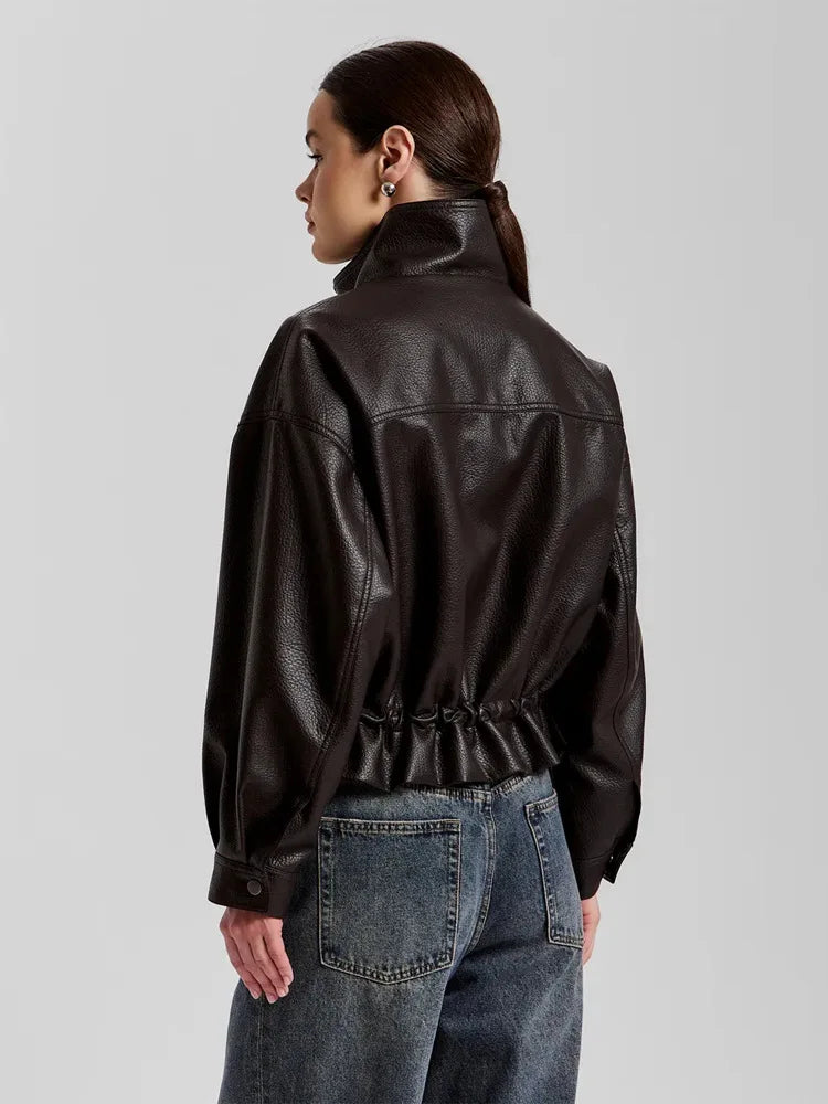 LGRQ Stand‑Collar Long Sleeve Biker Faux Leather Jacket Women Vintage Drawstring Waist Cropped Outerwear 2026 Autumn 19DB3772