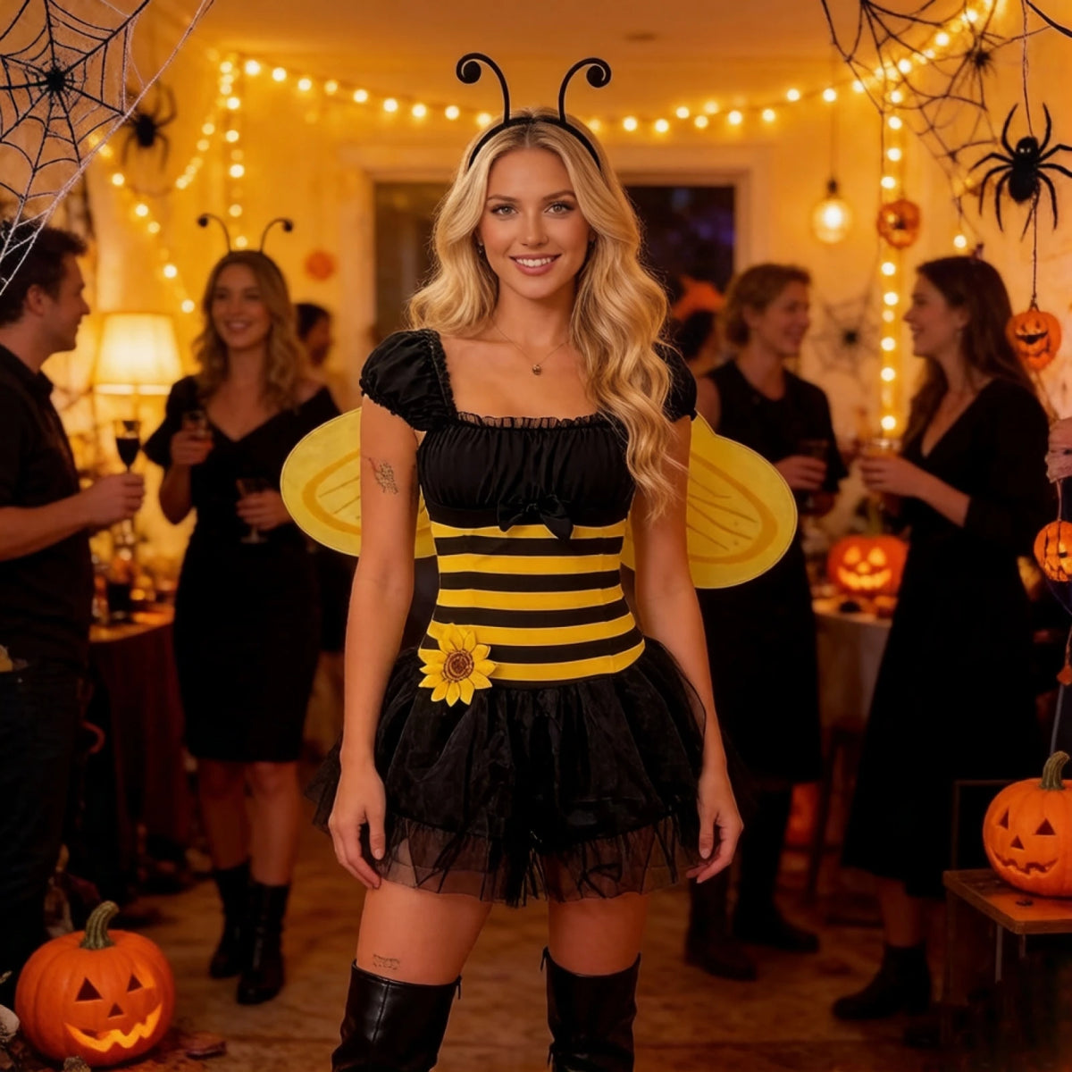Women Bubble Bee Costume Striped Mini Tulle Dress Wings and Antenna Headband Set of 3 for Halloween Cosplay Party