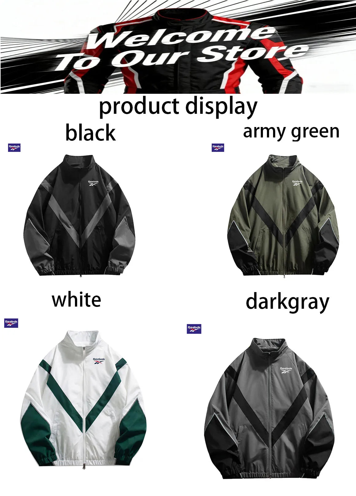 2025 Reebok New Men's Fall Jacket with Reflective Patch Stand Collar, Windproof Sporty Casual Jacket for Autumn and Spring