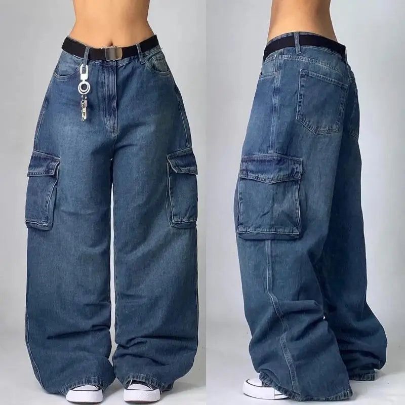 Fashion New Multi Pocket Washed Baggy Jeans Men And Women Low Waist Straight Leg Drawstring Closure High Elasticity Korean Style