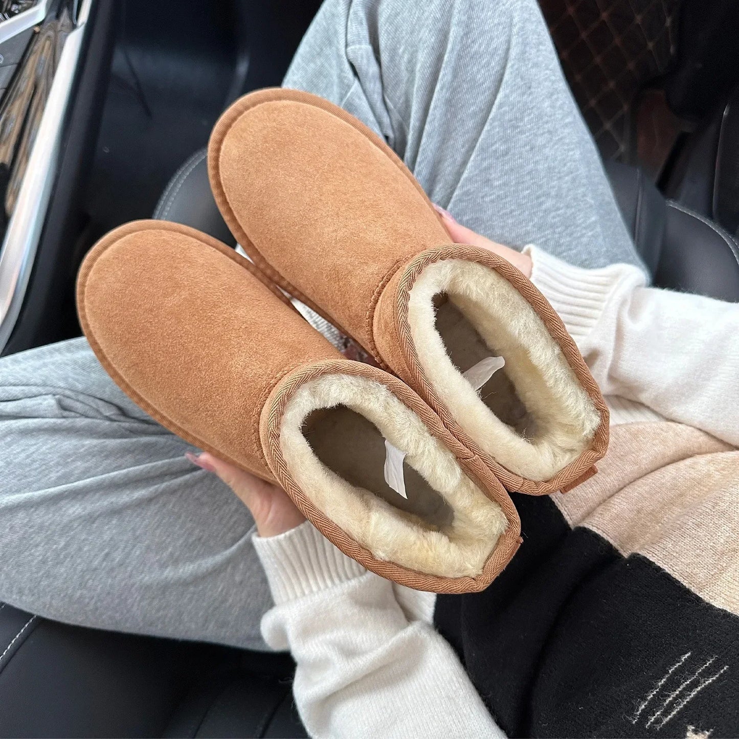 5854 men's and women's sheepskin and wool snow boots, integrated fur and leather, winter thick and warm women's boots