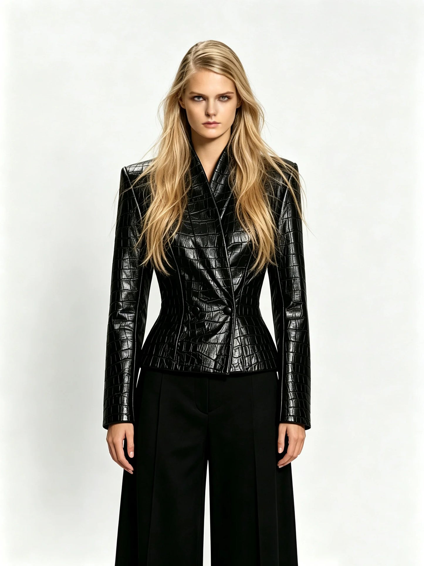 Laur Women Croc Faux Leather Blazer Jacket,Shoulder Pads Slim Waist Double Breasted Short Outerwear Autumn Winter 2026