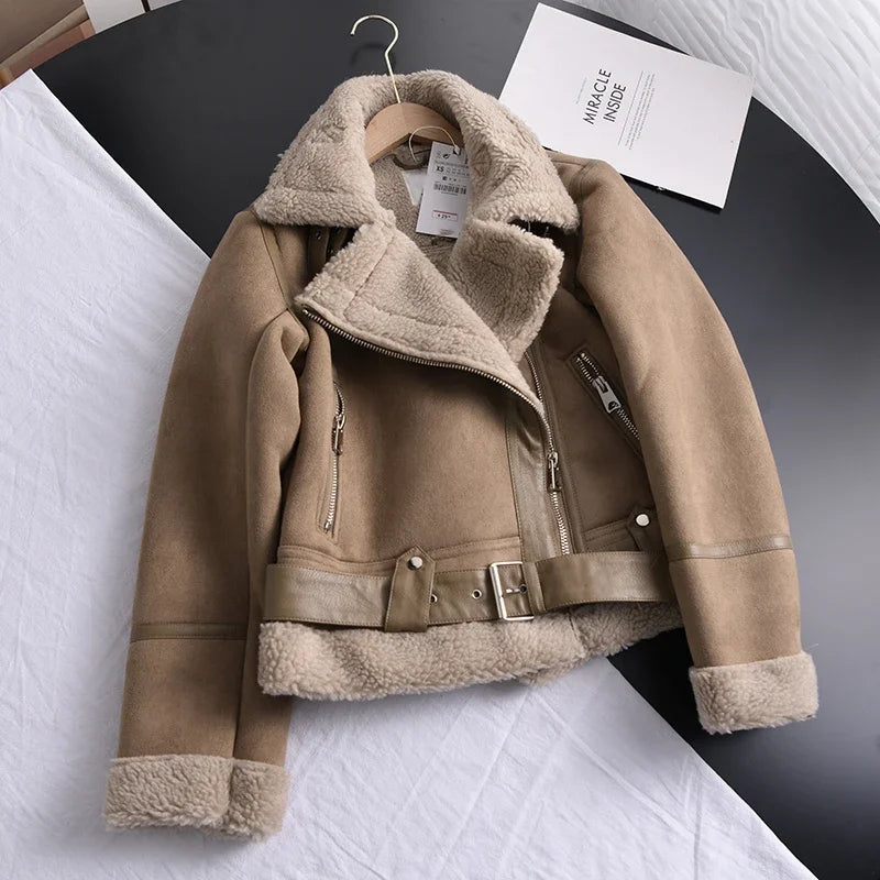 Winter Women Thick Warm Suede Lamb Jacket Short Motorcycle Brown Coats Faux Shearling Sheepskin Leather Jackets Outwear