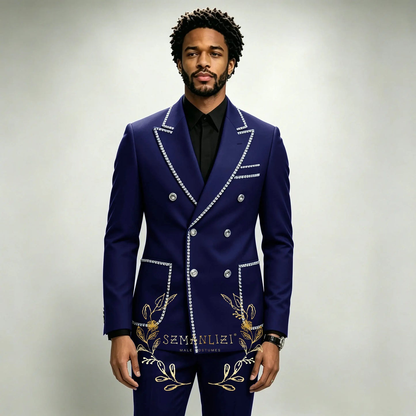 Luxury Men's Suits 2 Pieces Royal Blue Crystals Peaked Lapel Double Breasted Groom Wedding Tuxedo Wear Formal Party Prom Suits