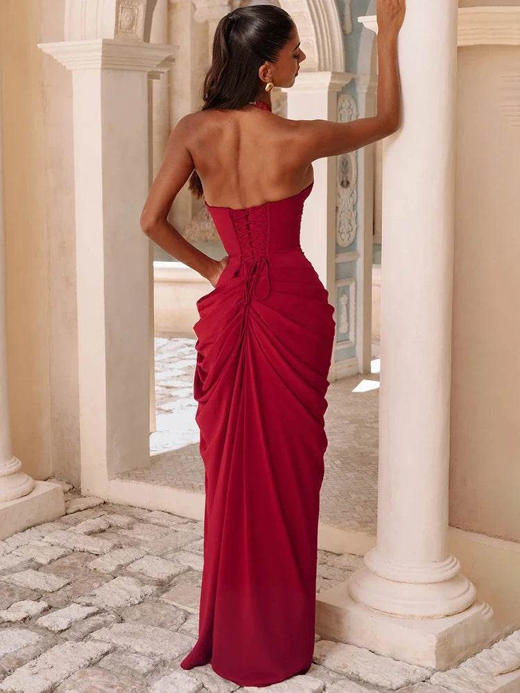 Mozision Wine Red Halter Deep V Maxi Dress Women Elegant Draped Ruched High Split Bodycon Cocktail Wedding Club Party Dresses