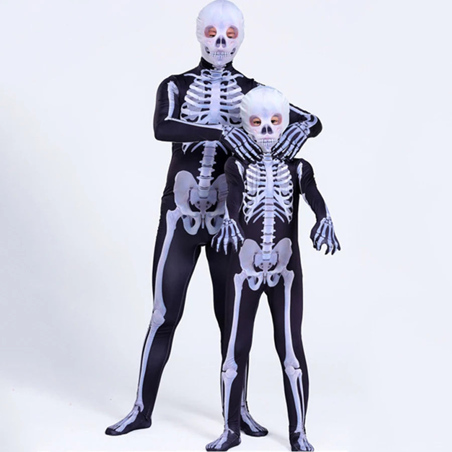 Halloween Costumes Ghost Skull Cosplay Jumpsuit for Kids Child Adults Scary Skeleton Bodysuit Halloween Mask Carnival Clothes