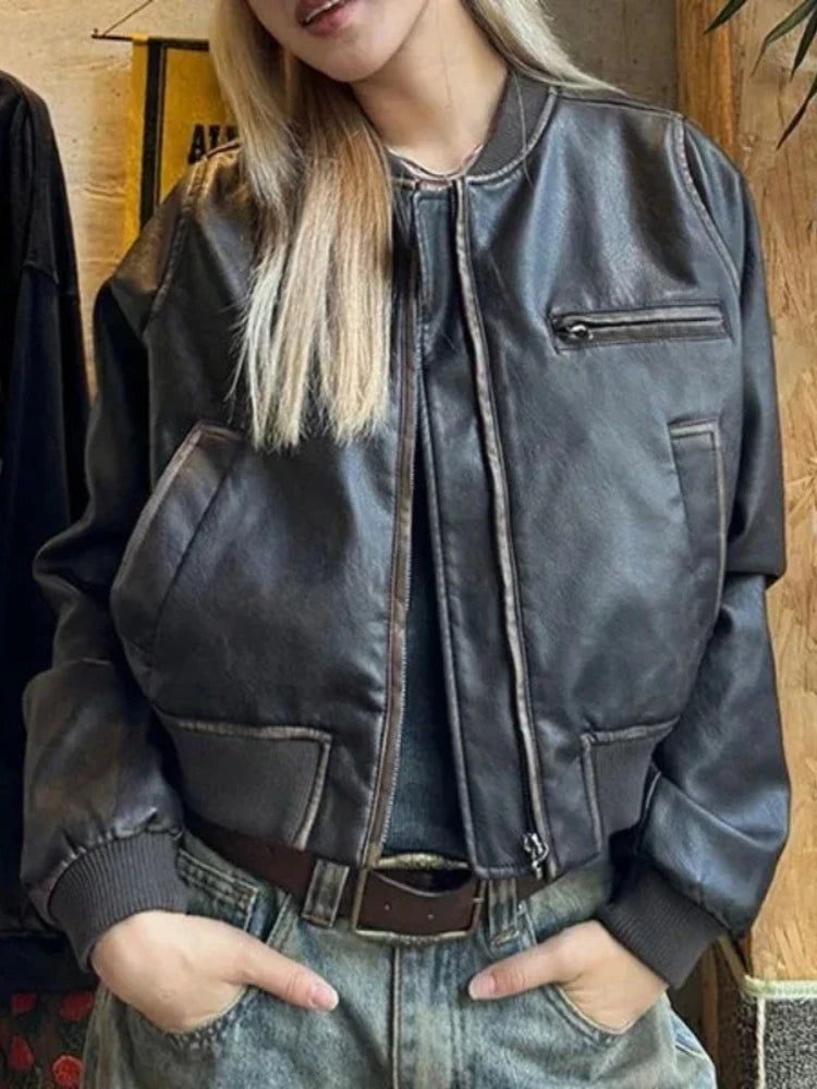 New in Autumn Winter Women High End Short Motorcycle Leather Jacket Women Top Retro Brown Loose Casual Coat Female Clothing