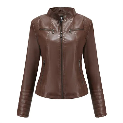 2026 New Women's Slim Leather Jacket, Stand-up Collar, Zipper Stitching, Monochromatic PU Coat, Fashion Clothing.