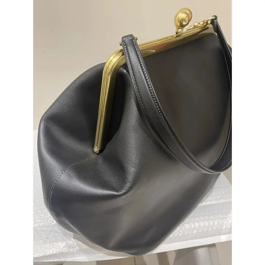 LOST IN VINTAGE Artificial Leather Soild Bag Large Balls Kiss-lock Large Big Clutch Handbag Proudly Carried In Hand 35x30x20cm