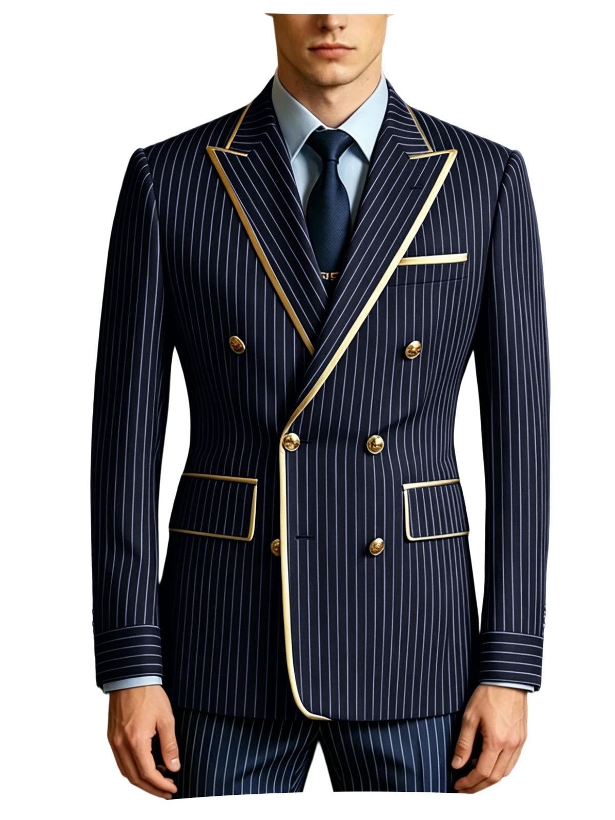 Men's Double Breasted Pinstripe Blazer Slim Fit Formal Business Suit Jacket Luxury Gold Trim  Tuxedo for Wedding Party Office
